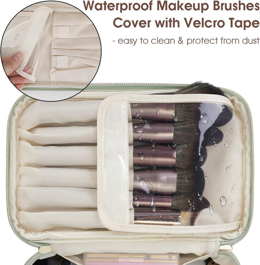Makeup Bag, Travel Make up Organizer Cosmetic Brush Bags Case for Women in Vegan Leather, Sage Green, Patent Pending